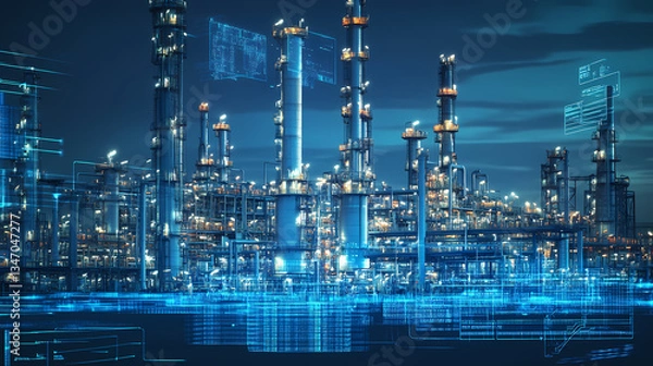 Fototapeta Digital Refinery: A high-tech depiction of an industrial refinery, bathed in a cool blue glow, showcases intricate systems and the seamless integration of technology and infrastructure.