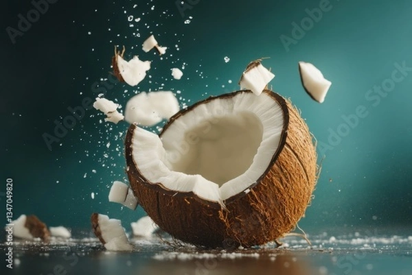 Fototapeta Coconut shell breaks apart releasing fresh coconut pieces in a dynamic and vivid display