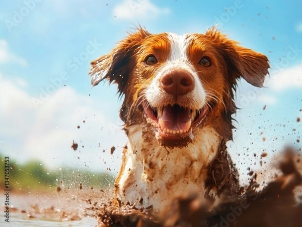 Fototapeta beautiful happy dog bathing in mud and splashing on sunny day background