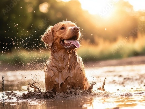 Obraz beautiful happy dog bathing in mud and splashing on sunny day background