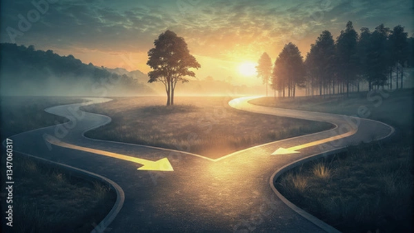 Obraz A road splitting into multiple glowing paths, a confident figure choosing one with clarity, symbolizing decisive adaptability, [leadership], [strategic thinking].