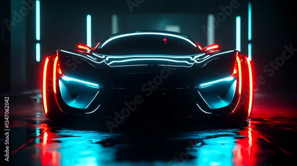 Fototapeta Illuminated Speed: A sleek, futuristic car with vibrant neon lights in a darkened setting, exuding speed and modernity.