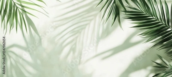 Fototapeta Green Leafy Palm Shadows on Light Background Creating a Tropical Nature Vibe Perfect for Eco-Friendly or Relaxation Themes and Designs