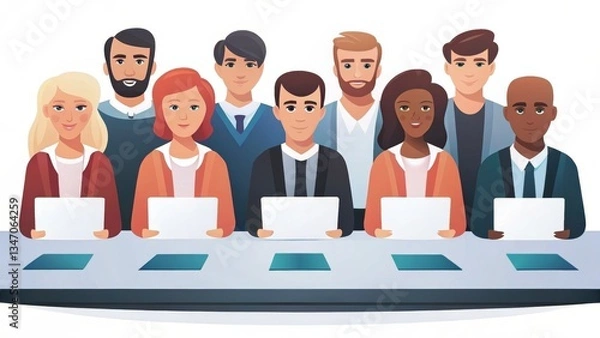 Fototapeta A diverse group of professionals seated at a table, each holding a laptop, illustrating teamwork and collaboration in a modern work environment.