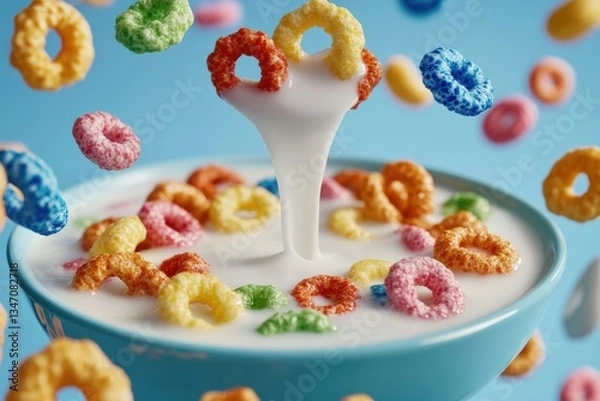 Fototapeta A vibrant cereal advertisement featuring a dynamic swirl of milk and colorful cereal loops