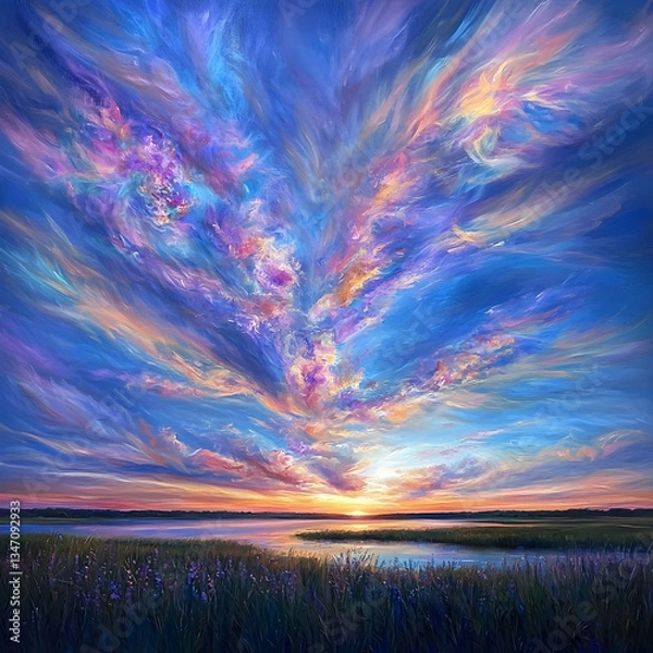 Obraz Vibrant Sunset Landscape with Colorful Clouds and Starry Sky