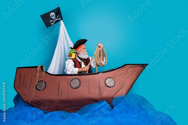 Fototapeta Photo of brave confident sailor man traveling wooden boat empty space isolated on blue color background