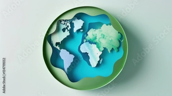 Fototapeta Earth day World Environment Day  Instead of a full sphere, create a layered cutout of the Earth with tiny floating islands made of paper layers.