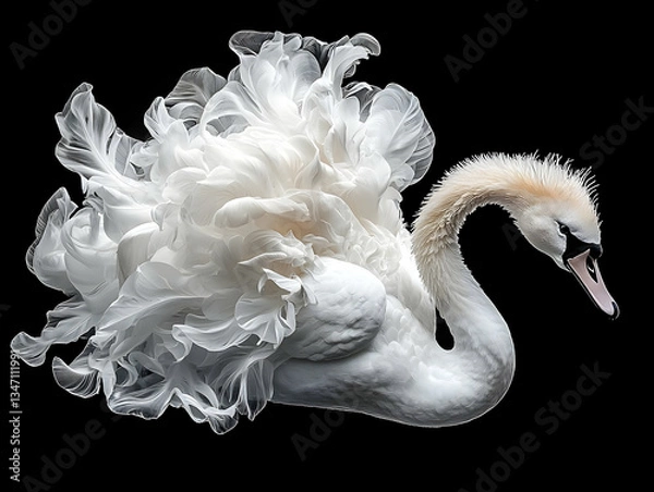 Obraz White Swan with Fluffed Feathers Against Black Background