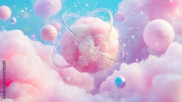 Obraz Pink Cloud Orbiting Sphere in Pastel Sky