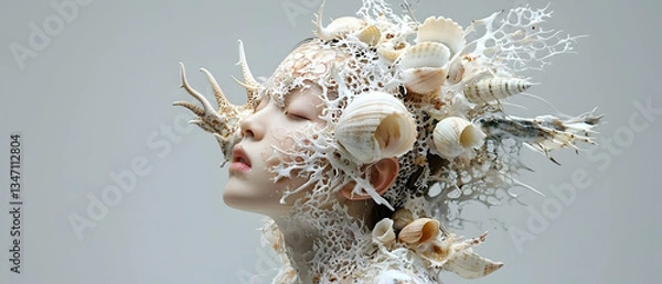 Obraz Woman Adorned with Intricate Seashell Headpiece Against White Background