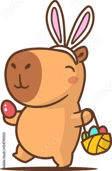 Fototapeta Chubby capybara with a happy expression, wearing bunny ears while carrying a basket of colorful Easter eggs and holding one in its paw, capturing the fun and playful spirit of an Easter egg hunt.