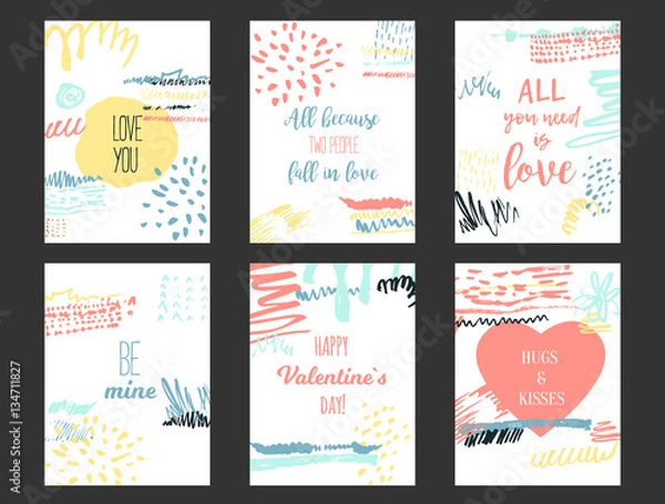 Fototapeta Vector Set of love cards for Happy Valentines day with heart and grunge brushes