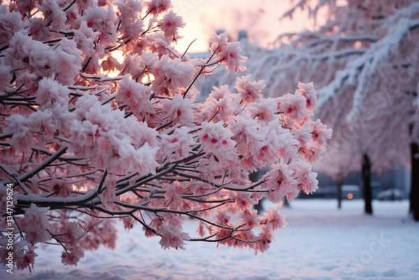 Fototapeta In hushed stillness of dawn, ethereal glow of rising sun bathes snow laden trees, transforming wintry landscape into a breathtaking tableau that leaves one spellbound