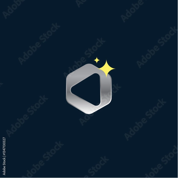 Fototapeta A modern metallic gray hexagonal outline logo with an embedded play button shape and two yellow sparkles, signifying media, technology, or premium digital content.