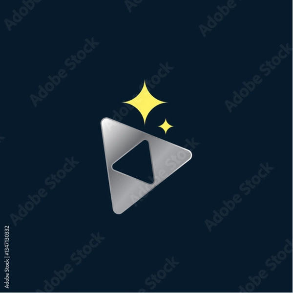Fototapeta A metallic gray play button icon with a cutout triangle, featuring two yellow sparkle accents at the top, symbolizing media, entertainment, or premium content.