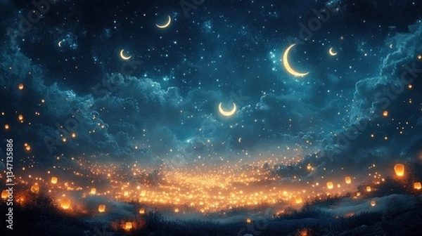 Obraz Mystical night sky lanterns floating over a landscape