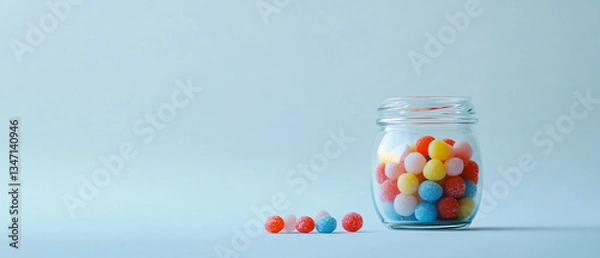Fototapeta A glass jar filled with pastel-colored candies sits on a blue surface with a few pieces scattered nearby creating a soft delicate aesthetic

