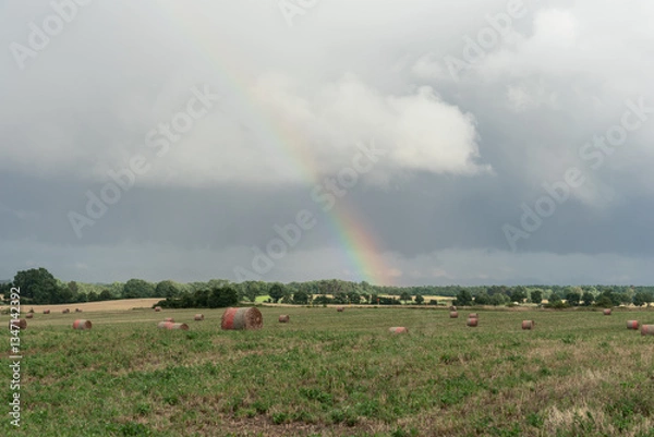 Obraz Rural landscape. Mown field and rolls of straw. Nature after the rain. Rainbow in the sky.