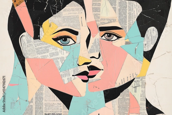 Fototapeta Street-art cubist collage with two broken faces structures and layered spray paint. Perception shift concept.