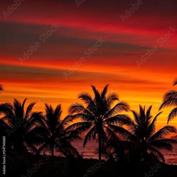 Fototapeta A vibrant orange and red sky at dawn with silhouettes of palm trees along the coast, AI Generated