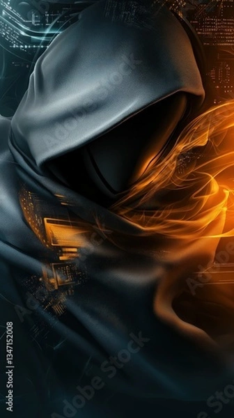 Fototapeta Hooded Figure in Cyberpunk Art: Abstract Design with Neon Glow on Dark Background