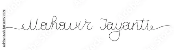 Fototapeta Mahavir Jayanti words in continuous one line art style. Minimalist black drawing of phrase on white background. Hand drawn calligraphy quote with editable stroke. Outline handwritten script