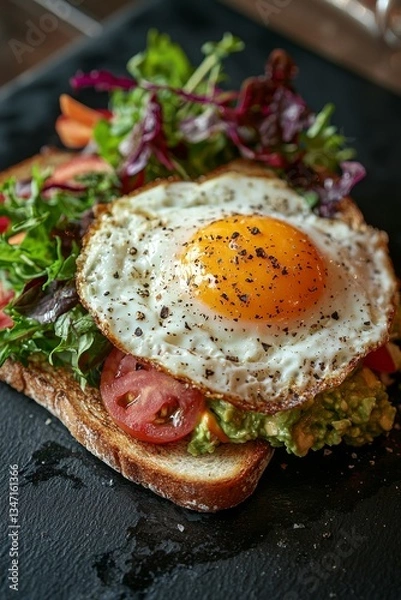 Obraz Delicious Toast with Guacamole and Fried Egg - Perfect Restaurant Presentation