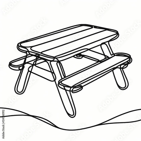 Fototapeta Continuous one-line drawing of a picnic table, simple flowing lines forming an abstract representation of an outdoor seating area.