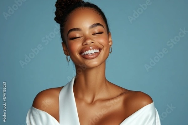 Fototapeta Beautiful woman in a white robe radiating joy against a serene backdrop Generative AI