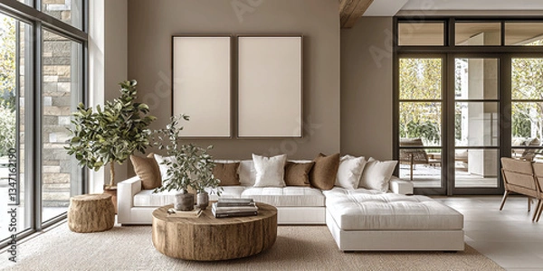 Obraz Comfortable living room with cozy creamy color sofa. Mocha mousse beige taupe wall background with two frames mockup for art. Modern interior design lounge home. AI