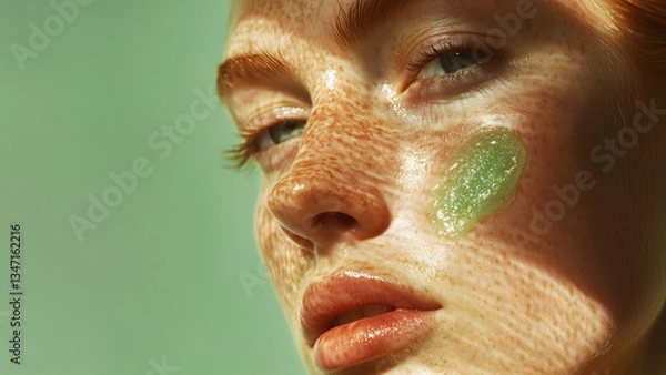 Fototapeta A close-up of red haired model face with radiant glowing skin with a translucent green gel applied to the cheek, product swatch, product application, copy space