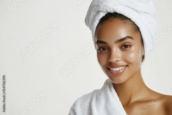 Fototapeta Radiant woman with a towel on her head smiling in a serene setting Generative AI