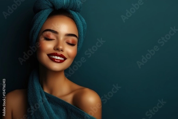 Fototapeta Woman enjoys a moment of relaxation with a towel wrapped around her head Generative AI