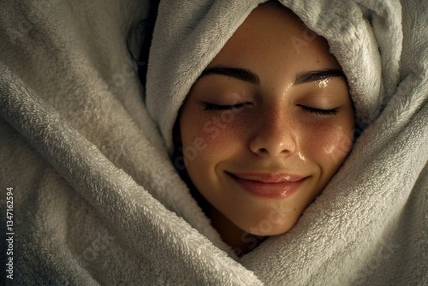 Fototapeta Serenity reflected in a woman's peaceful expression and warm towel embrace Generative AI
