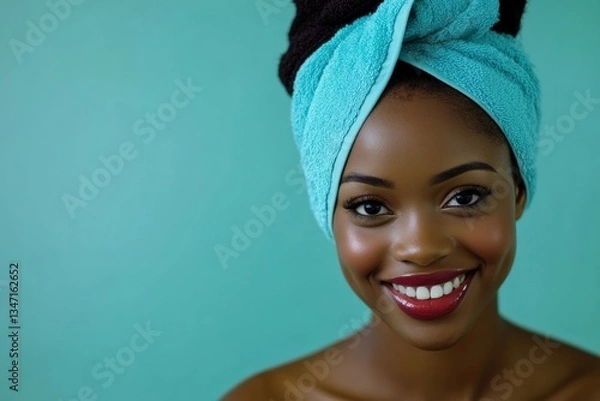 Fototapeta Smiling woman with a towel on her head radiates joy in a serene space Generative AI