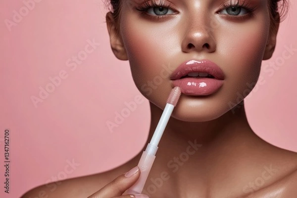 Fototapeta Woman applying lip gloss in a modern studio with a soft pink background Generative AI