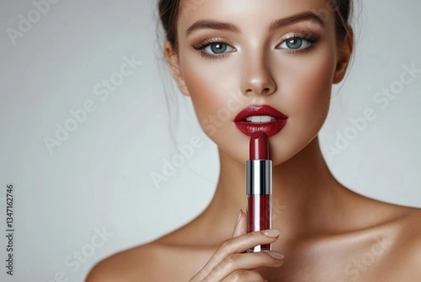 Fototapeta Bold lips and charm shine in a minimalist setting. Generative AI