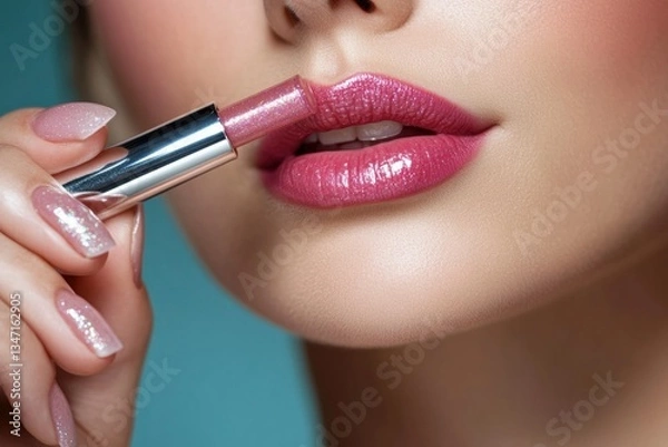 Fototapeta Woman applies shimmering lip color in a serene setting Generative AI