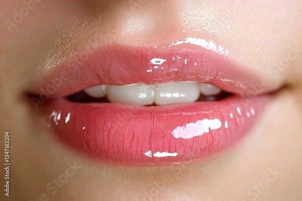 Fototapeta Young woman glowing with glossy lips expresses joy in a bright moment Generative AI