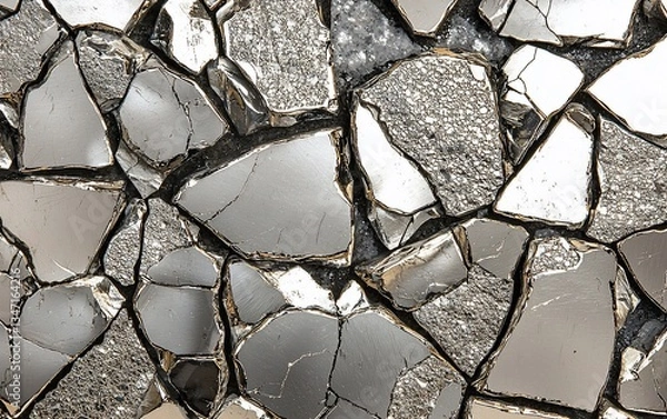 Fototapeta Close-up of fractured metallic fragments, showing sharp edges and reflective surfaces.