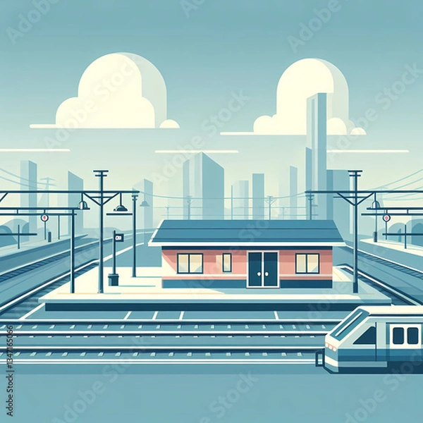 Fototapeta Flat vector illustration of a train station with a platform and tracks, featuring a minimalistic clean design, representing public transportation, travel, and city mobility.