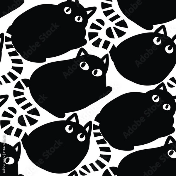 Fototapeta Black and white seamless pattern with funny cats