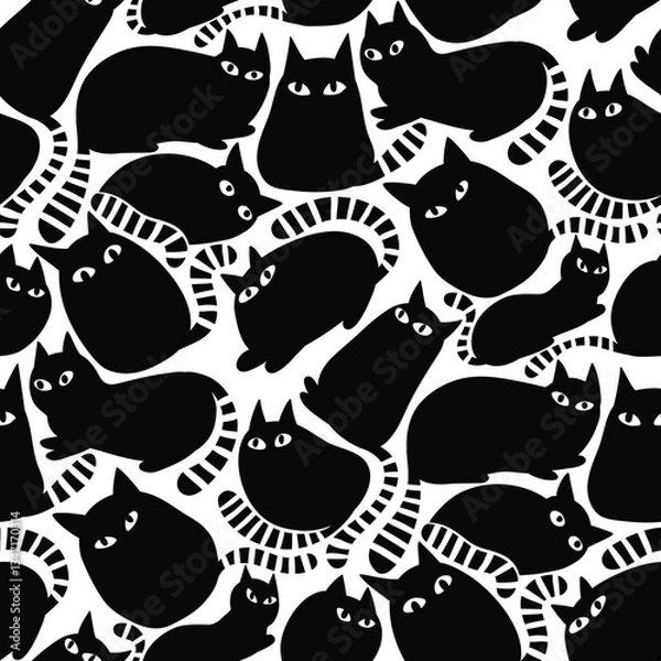 Fototapeta Black and white seamless pattern with funny cats