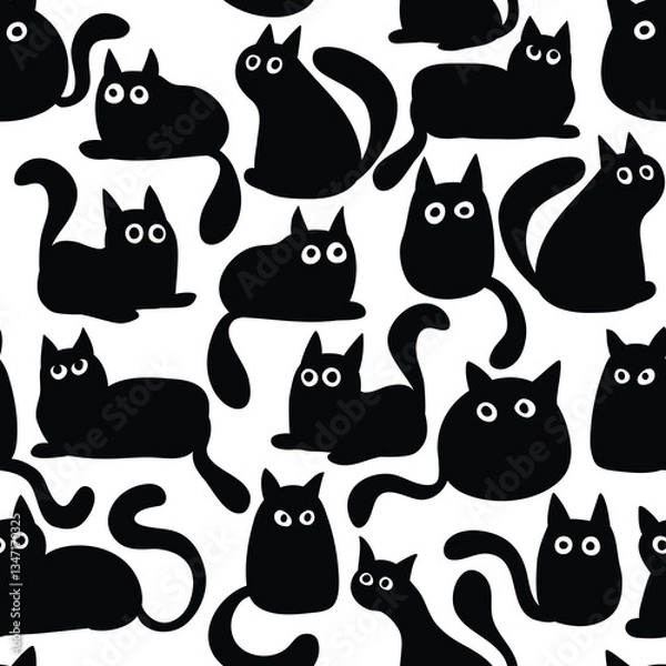 Fototapeta Black and white seamless pattern with funny black cats