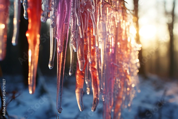 Fototapeta dance of icicles as they delicately form and sway from diverse surfaces, enchantingly capturing intricate beauty of their shapes and ethereal glow of sunlight they gracefully embrace