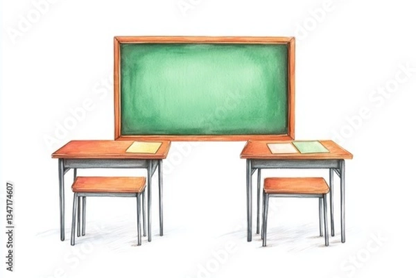Fototapeta Watercolor Painting of a Classroom Setting with Desks and a Chalkboard