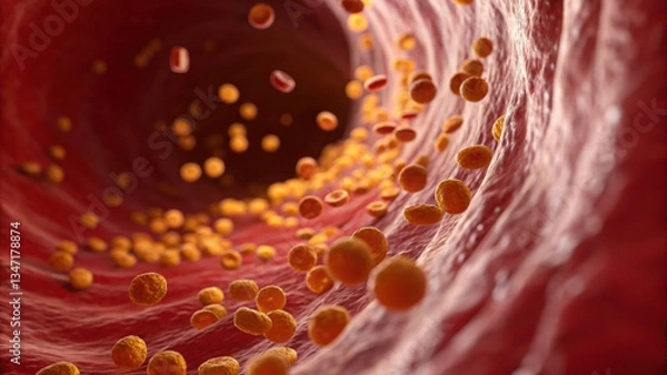 Fototapeta Close up of LDL cholesterol particles moving through blood vessel, illustrating their impact on health and circulation