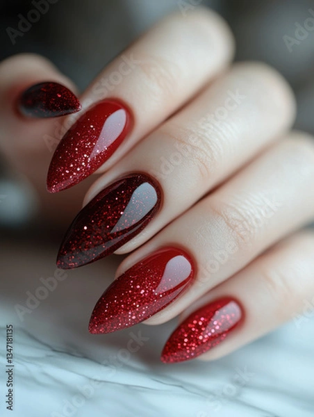 Obraz Deep burgundy red manicure on long nails – a bold and luxurious choice for confident women. This glamorous and sexy nail design adds a touch of elegance and power to any look. Perfect for evening even