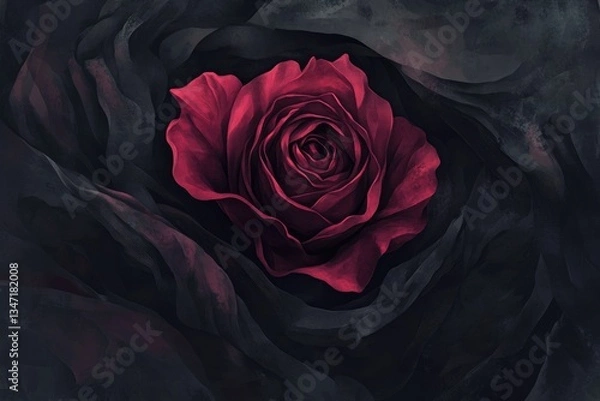Fototapeta A dark red rose nestled within shadowy, textured fabric; a dramatic, artistic composition.